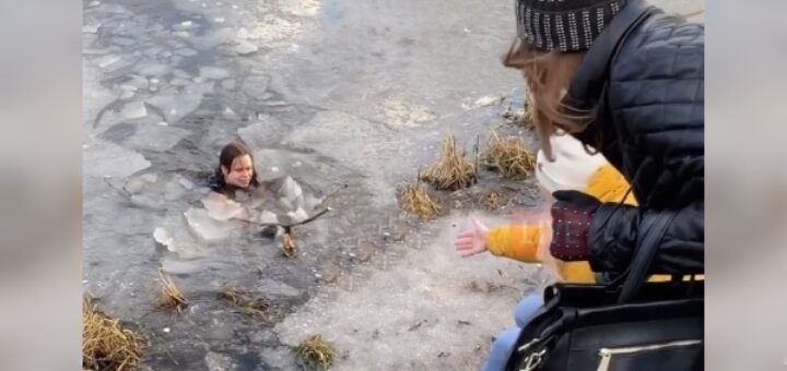 woman jumps icy water to save dog