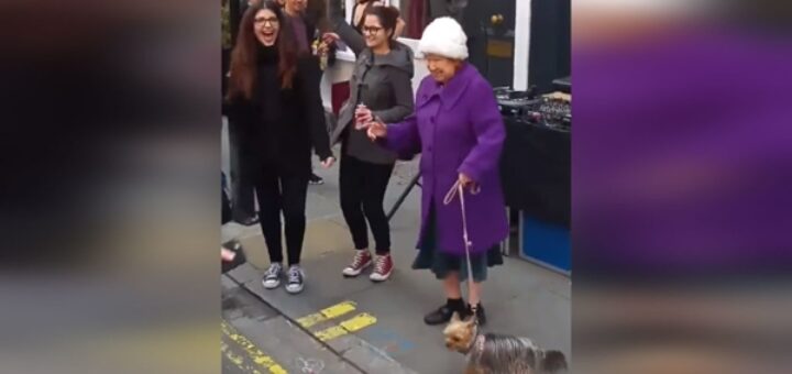 Elderly Woman Walking Dog Dance Party